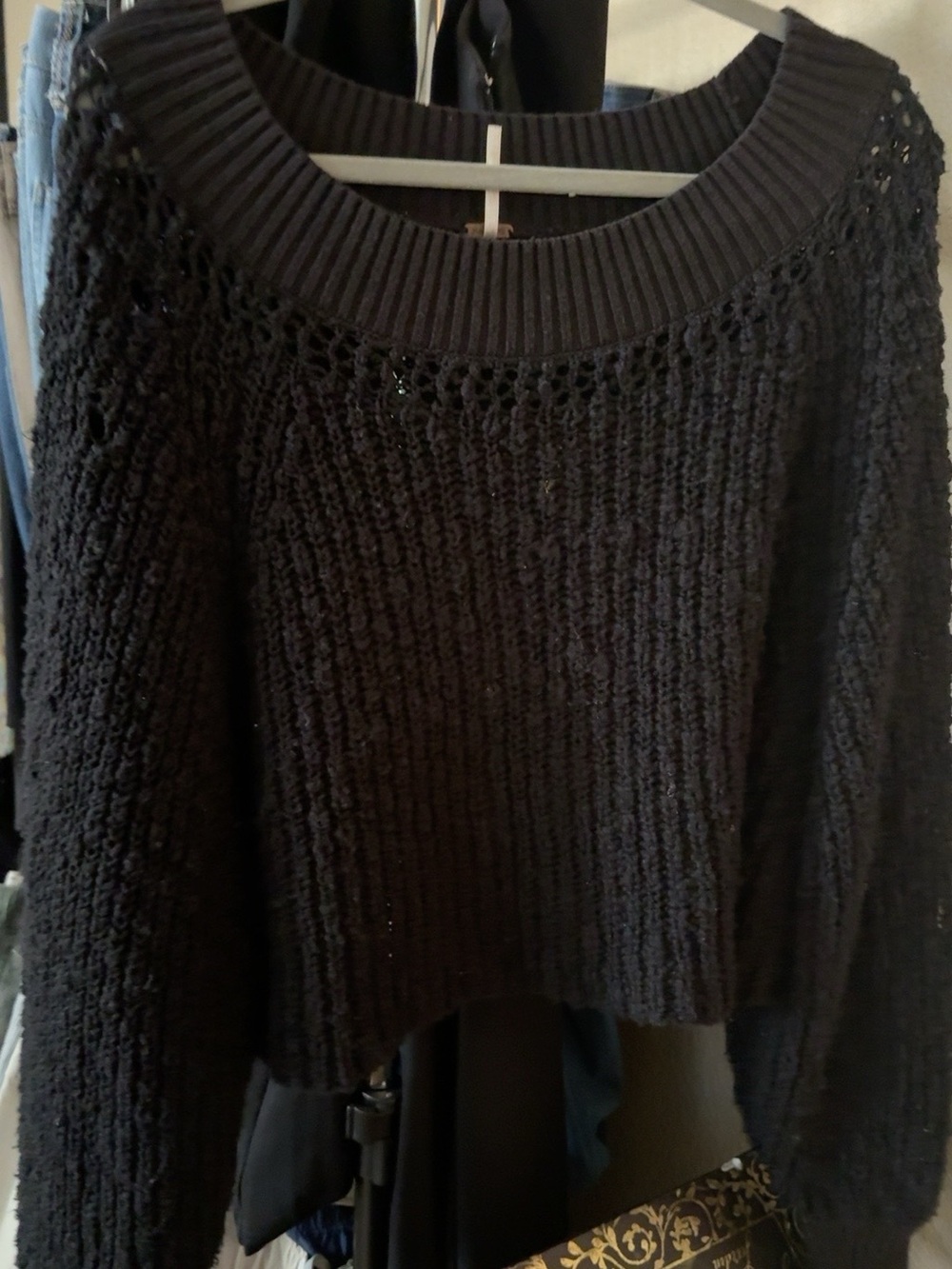 Free People Black Chunky Open-Stitch Crewneck Sweater